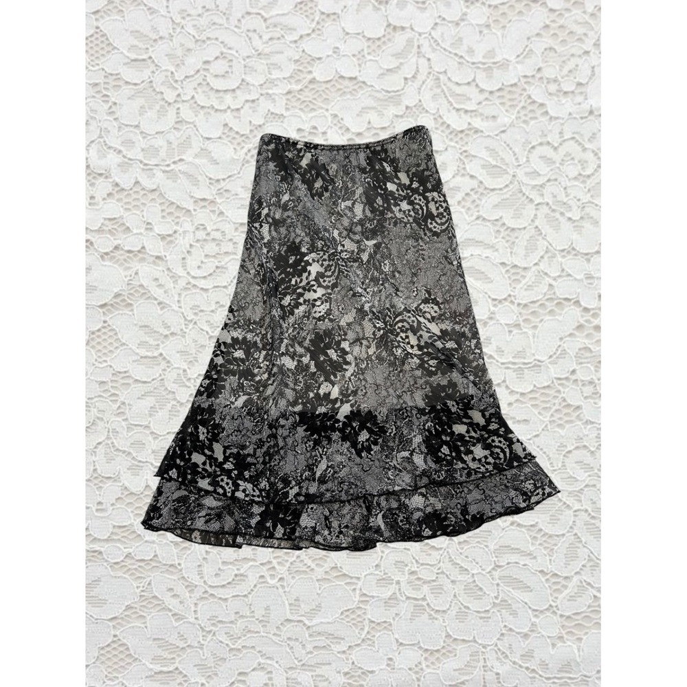 vintage black & white lace patterned ruffle midi skirt